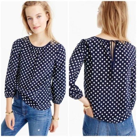 J. Crew Tops - J Crew Blouse Sz 00 Top Shirt Polka Dot SILK Navy Blue White Keyhole Back